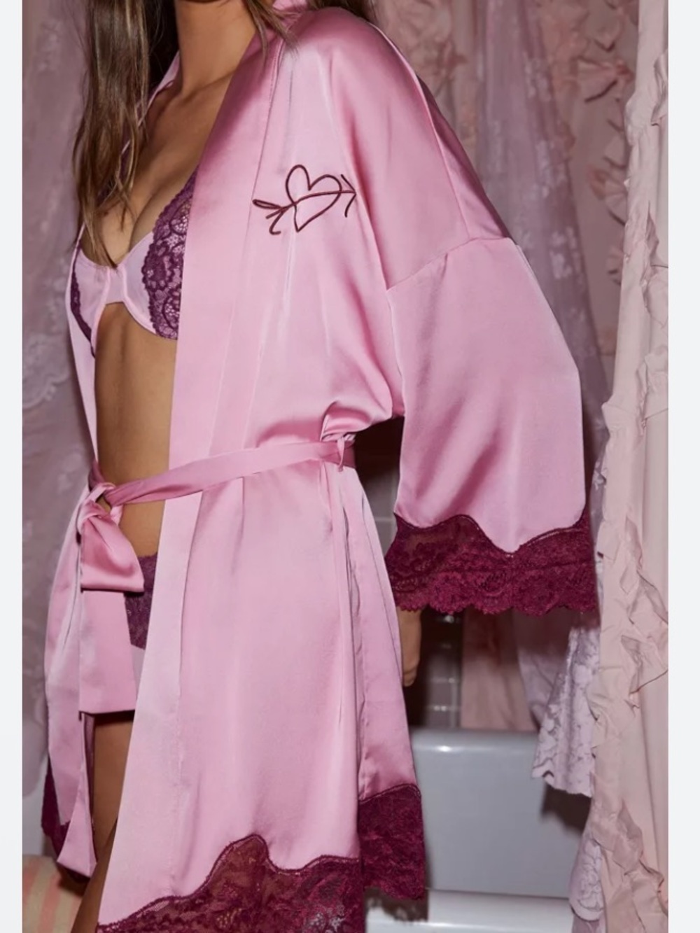 Wild Lovers X Out From Under Satin Lace-Trim Robe NWT * call out